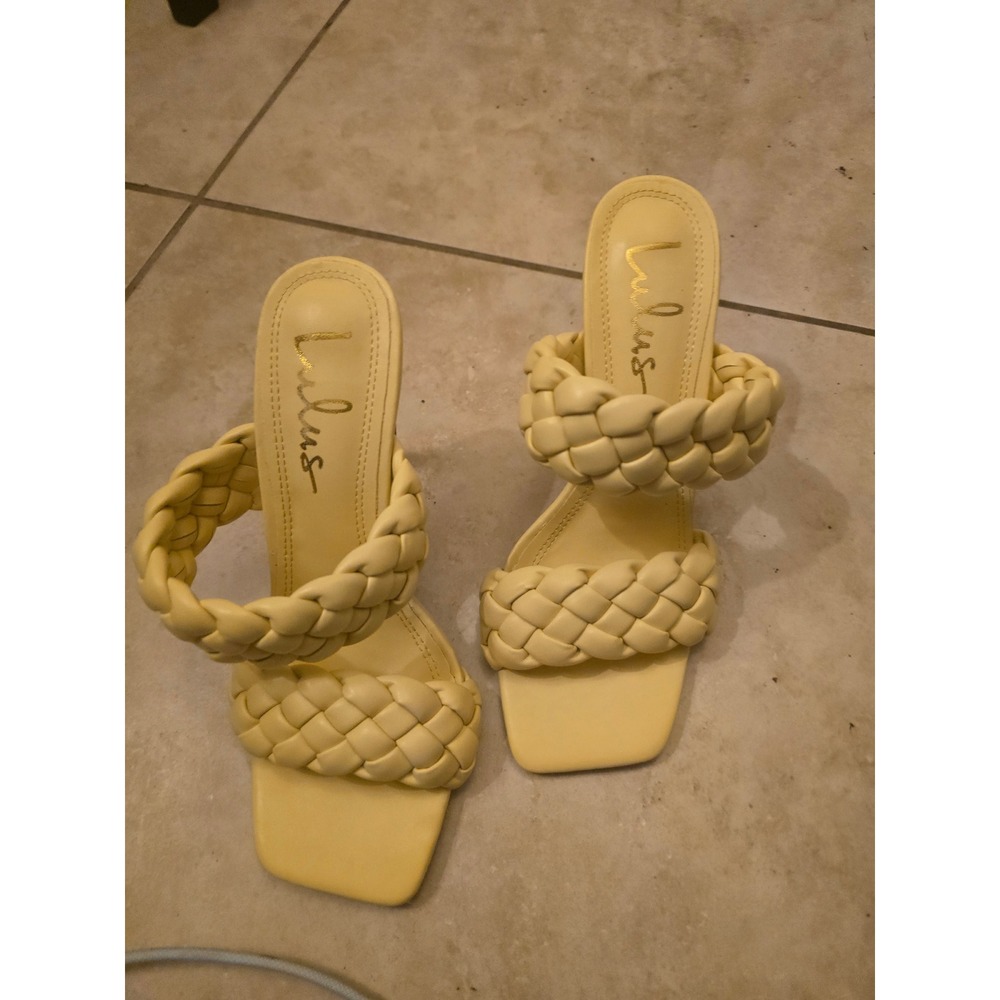 Lulus Butter Yellow Braided Woven Square Toe Slide High Heel Sandals 7.5
